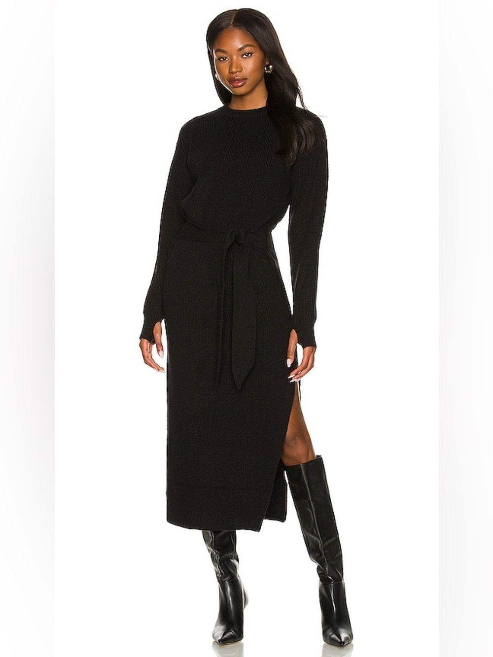 LPA Ribbed Long Sleeve Tie Waist Dress Black Midi Small